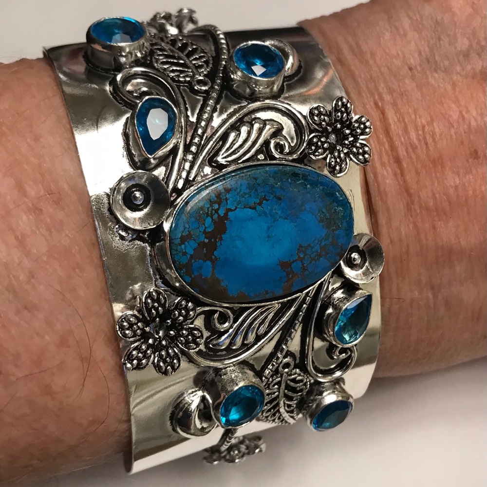 Turquoise Blue Topaz Stamped 925 Sterling Silver Cuff Bracelet